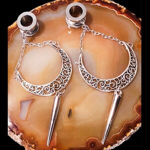 Mystic Moon Dangle Design - Silver Filigree Crescent Plug Earrings